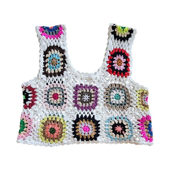 Tops - Crochet Granny Square Top Women Small Boho Festival Hippie Cropped Sleeveless